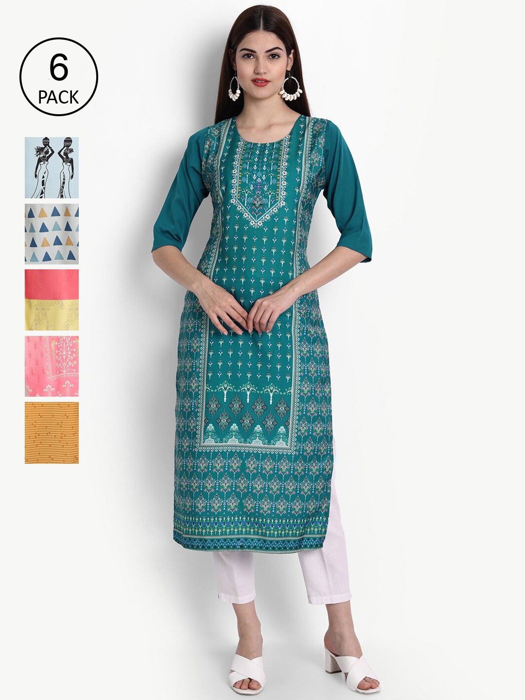 

Ethnic basket Women Multicoloured Geometric Printed Thread Work Crepe Kurta, Multi