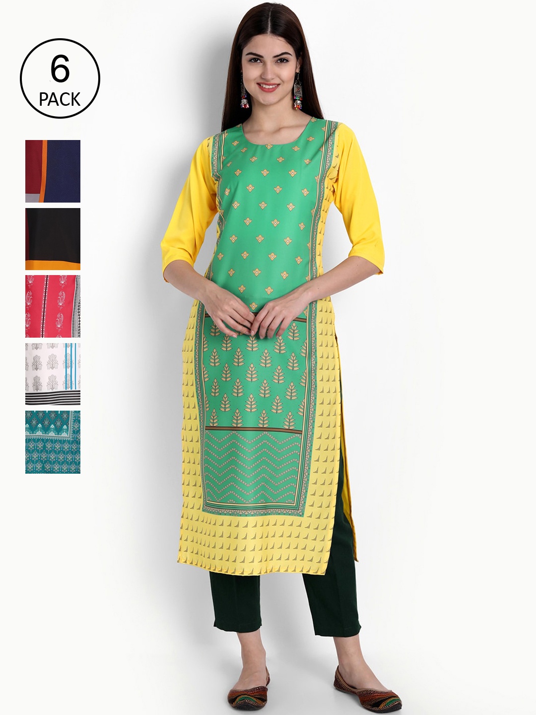 

Ethnic basket Women Pack Of 6 Digital Print Straight Kurtas, Multi