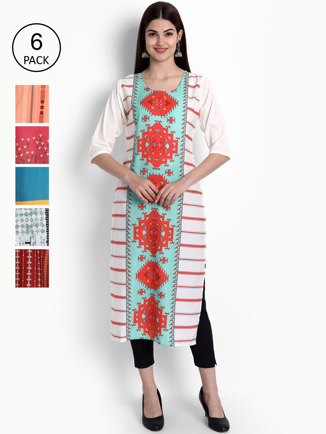 

Ethnic Basket Women Pack Of 6 Digital Print Straight Kurtas, Multi