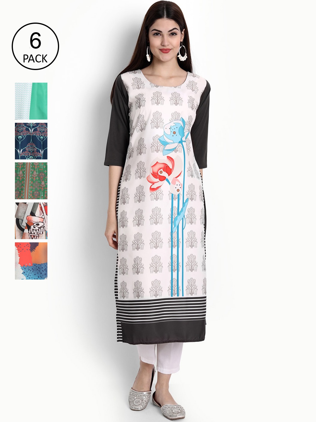 

Ethnic basket Women Pack Of 6 Multicoloured Floral Printed Crepe Kurta, Multi