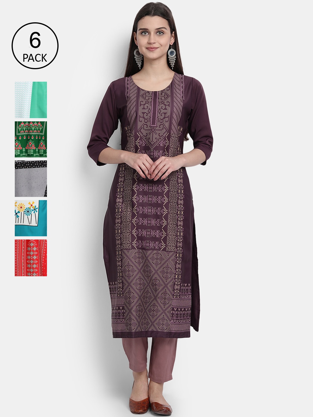 

Ethnic basket Women Pack Of 6 Digital Printed Crepe Kurta, Green
