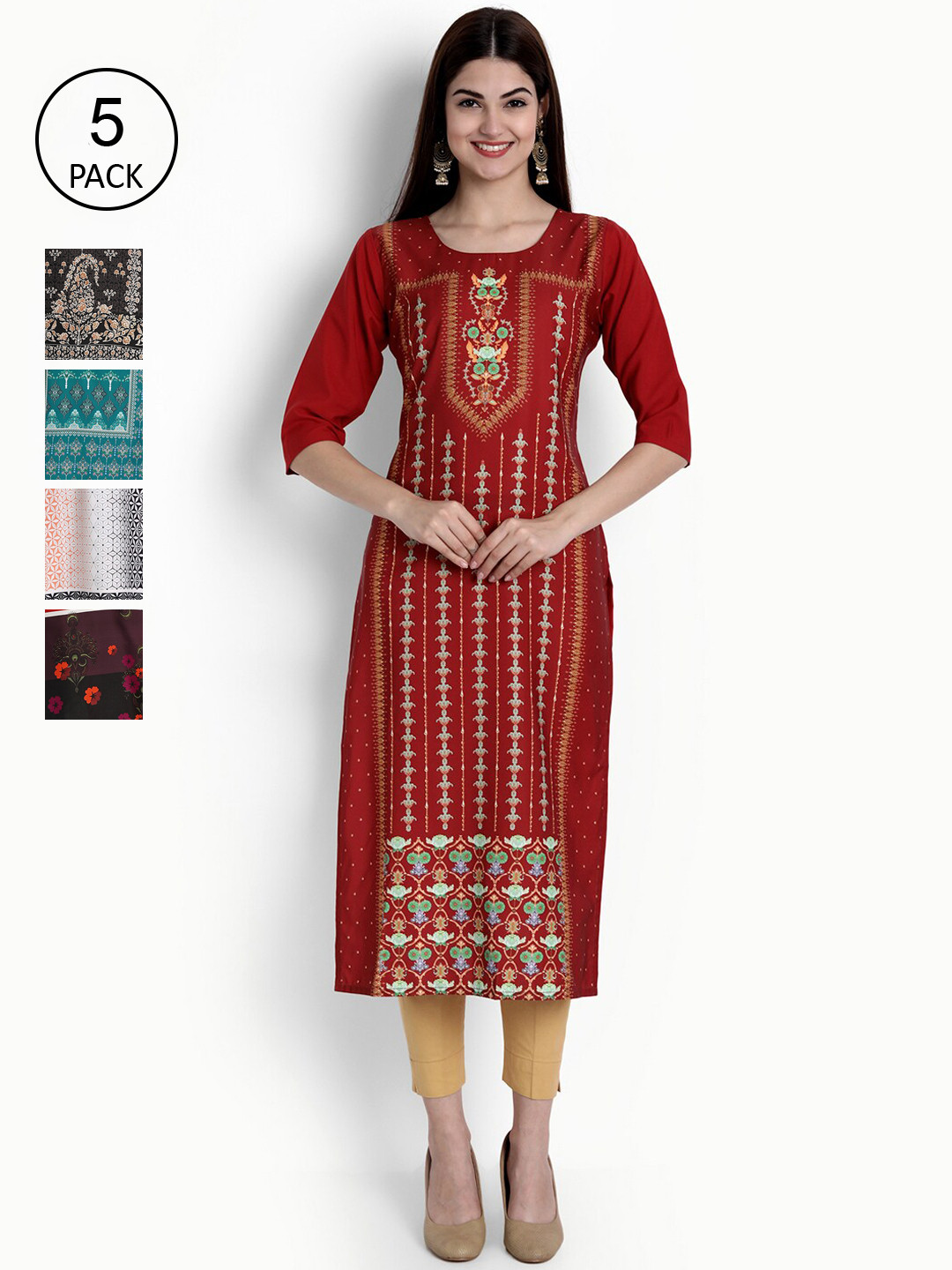 

Ethnic basket Women Pack Of 5 Multicoloured Ethnic Motifs Printed Crepe Kurta, Multi