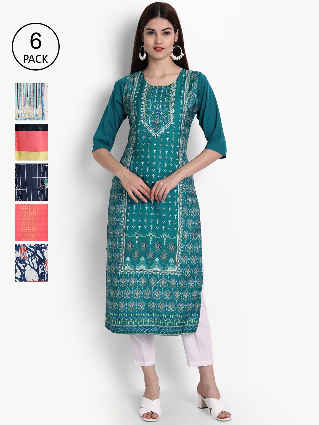 

Ethnic basket Women Pack of 6 Teal Blue & White Ethnic Motifs Digital Printed Crepe Kurtas