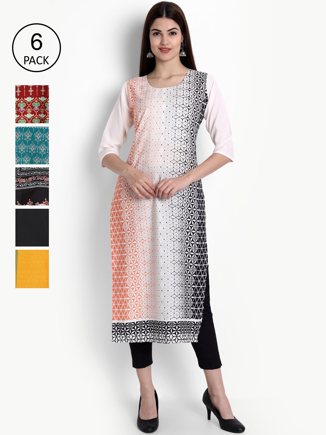 

Ethnic basket Women Pack Of 6 Multicoloured Ethnic Motifs Printed Crepe Kurta, Multi