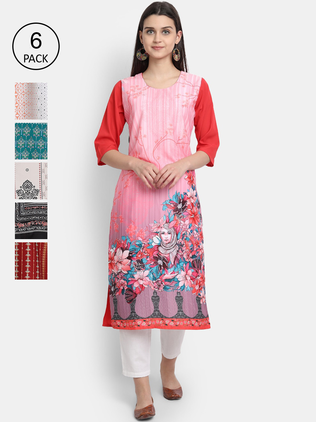 

Ethnic basket Women Pack of 6 Multicoloured Ethnic Motifs Printed Crepe Kurta, Multi