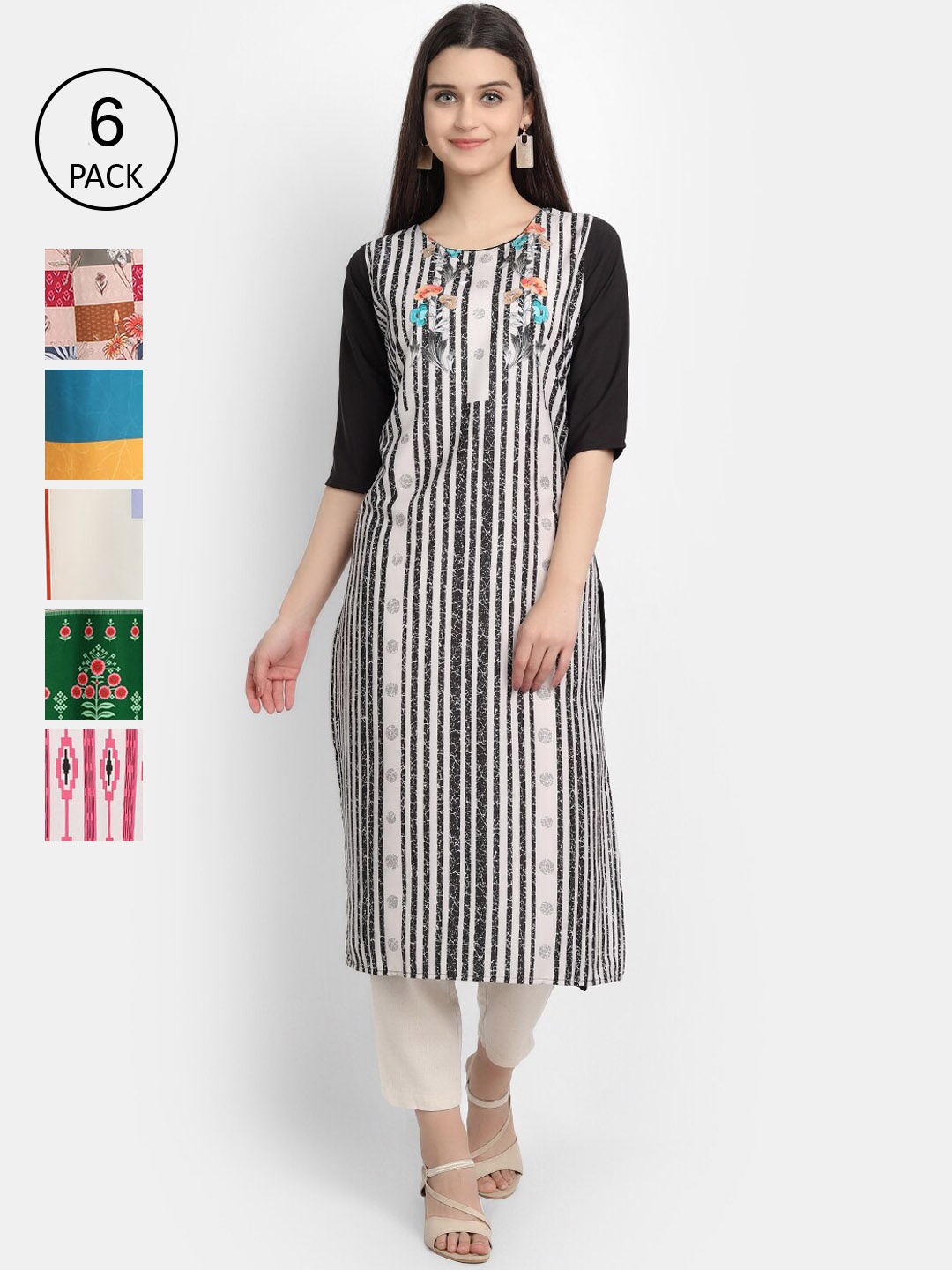 

Ethnic basket Women Pack Of 6 Multicoloured Ethnic Motifs Printed Crepe Kurta, Multi