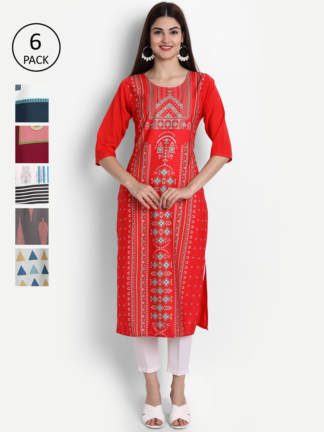 

Ethnic basket Women Pack of 6 Ethnic Motifs Printed Crepe Kurta, Red