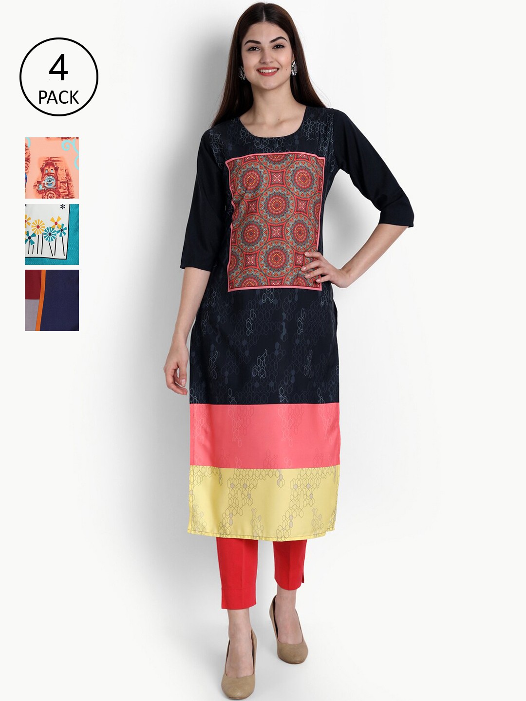 

Ethnic Basket Women Pack Of 4 Digital Print Straight Kurtas, Multi