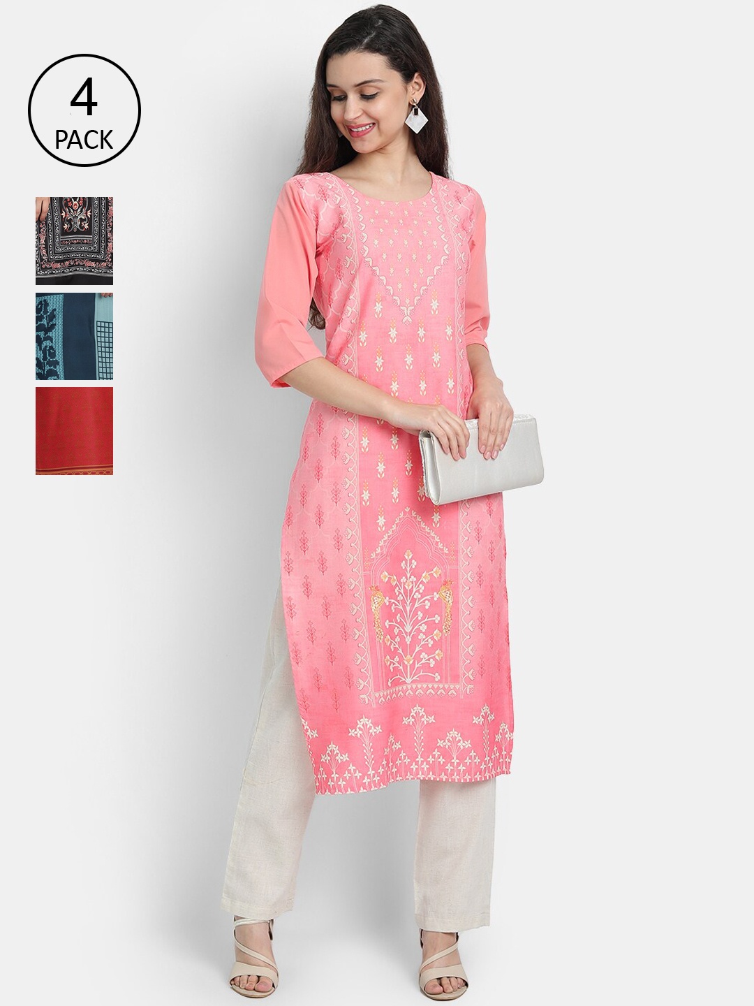 

Ethnic basket Women Pink & Black Ethnic Motifs Printed Crepe Kurta Pack Of 4