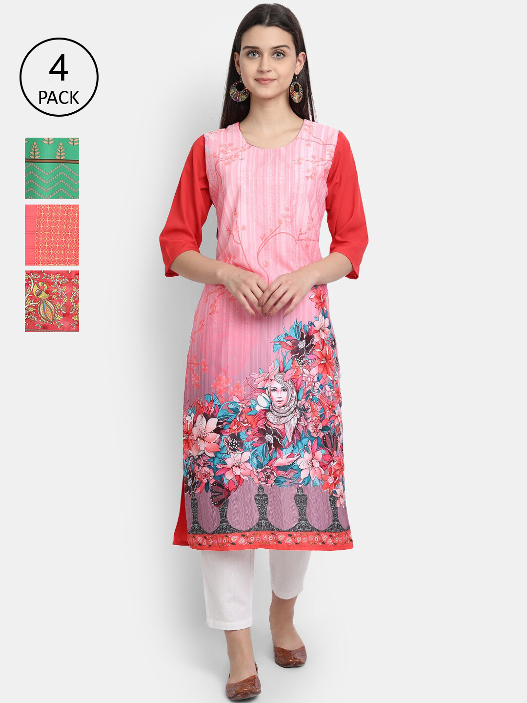 

Ethnic basket Women Pack of 4 Multicoloured Ethnic Motifs Printed Crepe Kurta, Multi