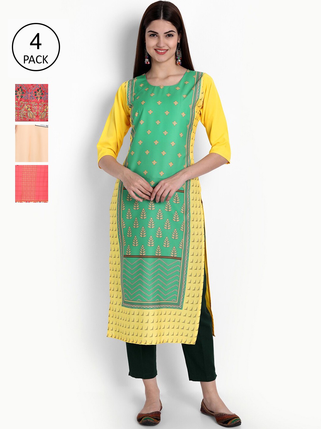 

Ethnic basket Women Pack of 4 Multicoloured Ethnic Motifs Printed Crepe Kurta, Multi