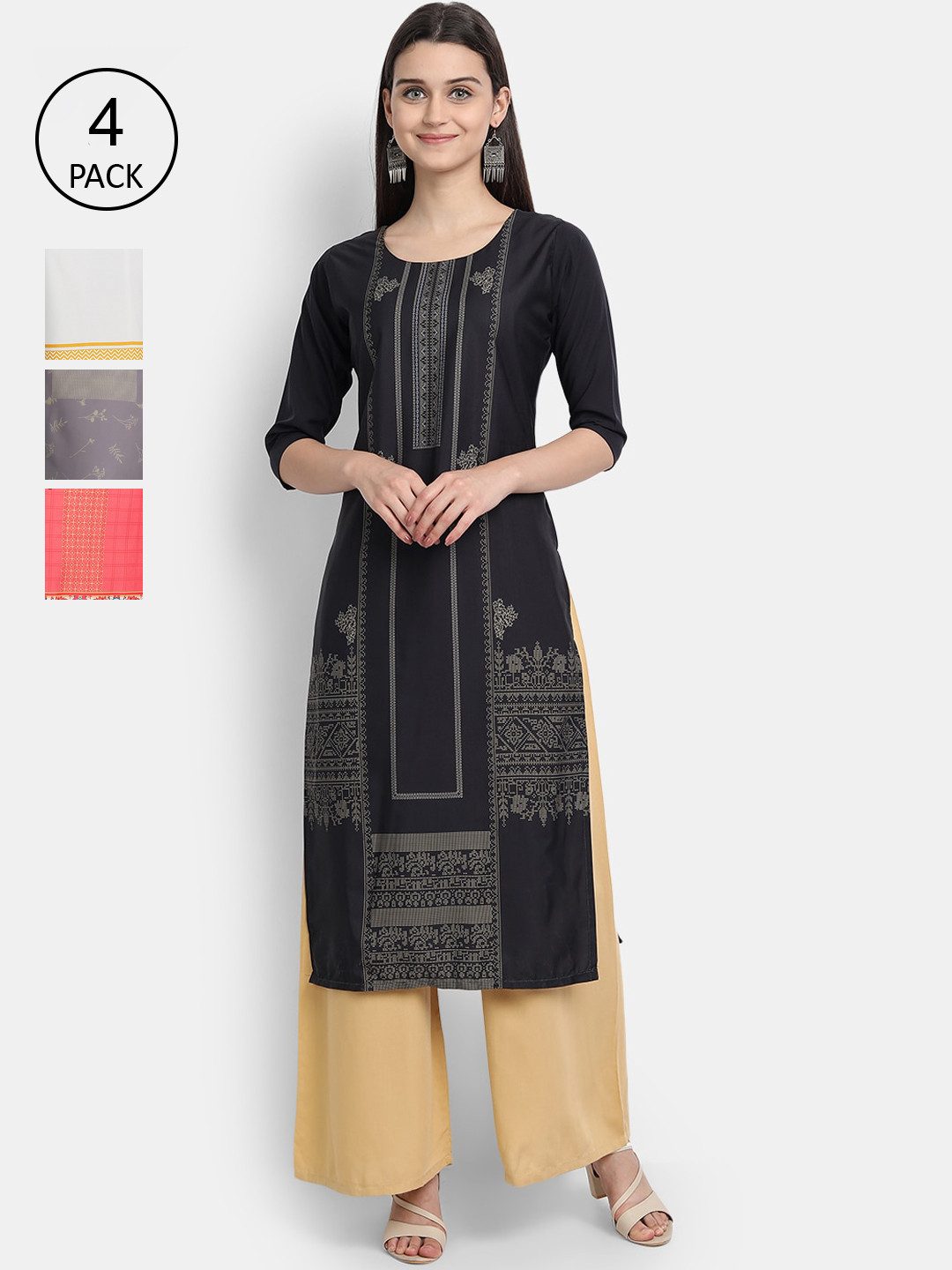 

Ethnic basket Women Pack Of 4 Multicoloured Ethnic Motifs Printed Crepe Kurta, Multi