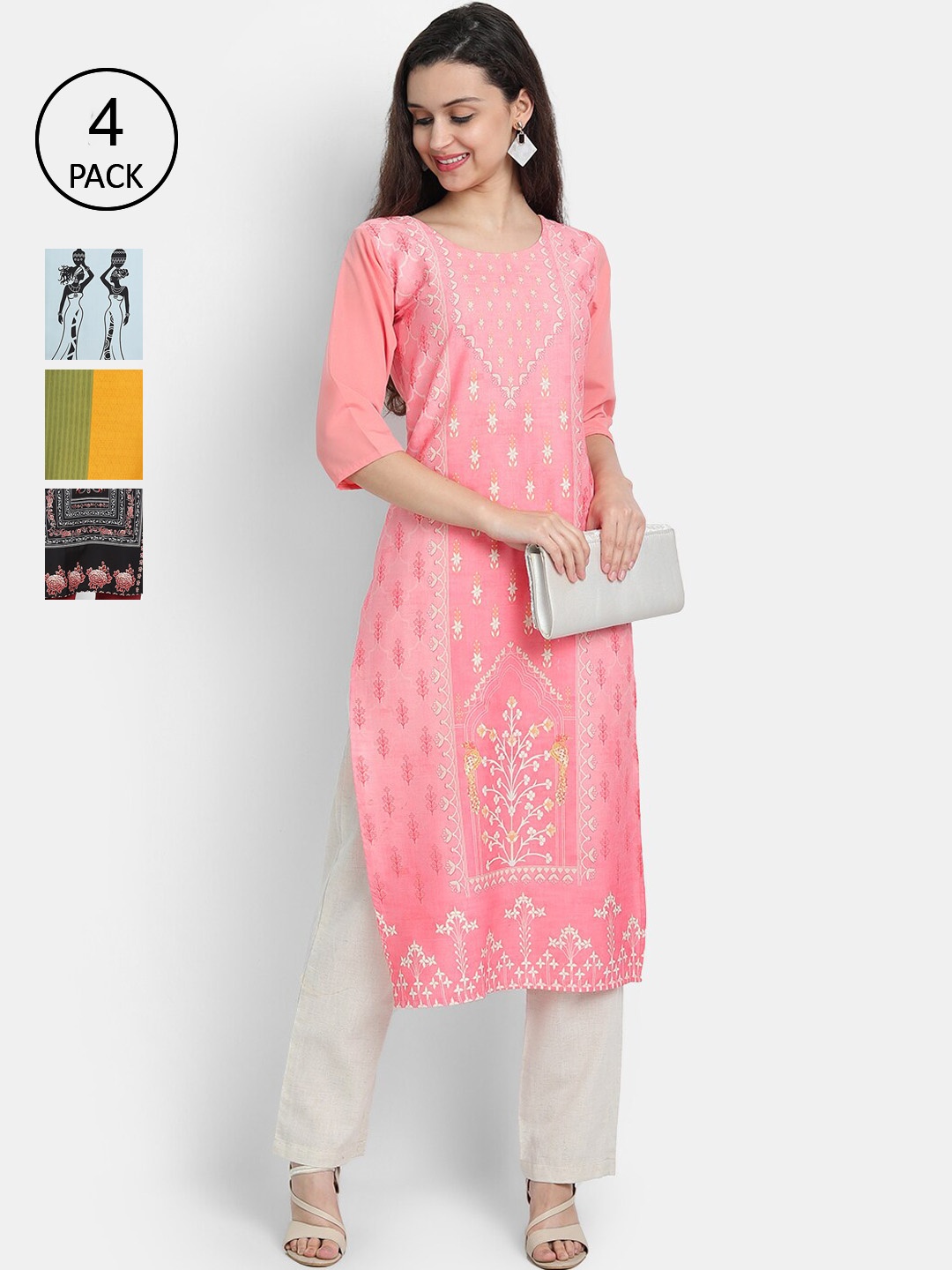 

Ethnic basket Women Pack of 4 Multicoloured Ethnic Motifs Printed Crepe Kurta, Multi