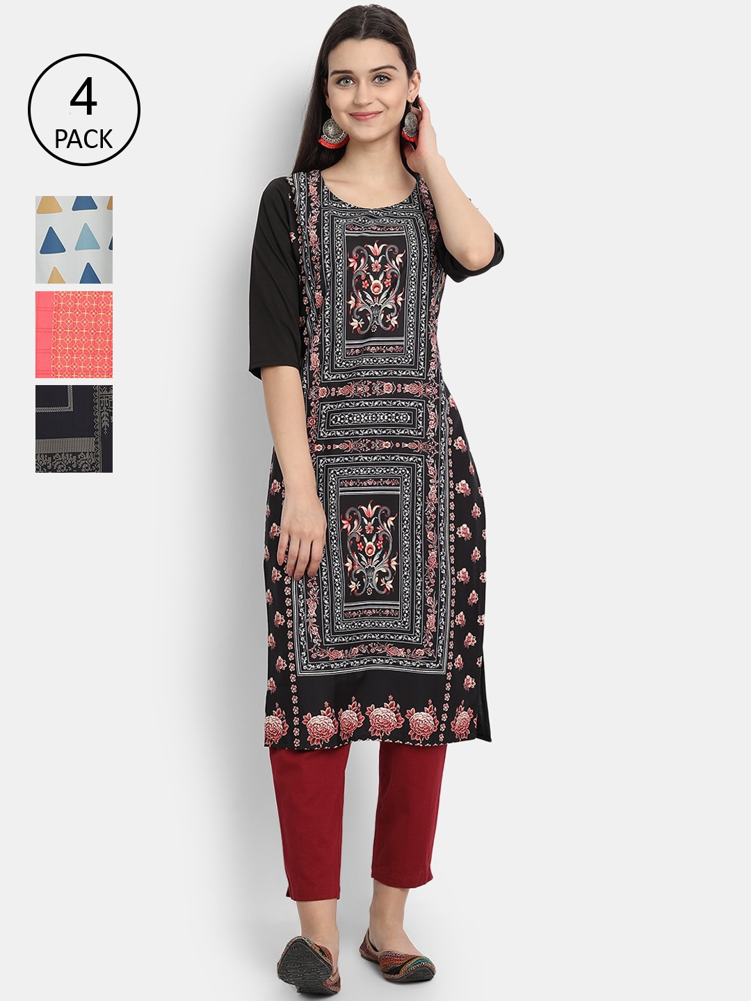 

Ethnic basket Women Set Of 6 Multicoloured Ethnic Motifs Printed Crepe Kurta, Multi