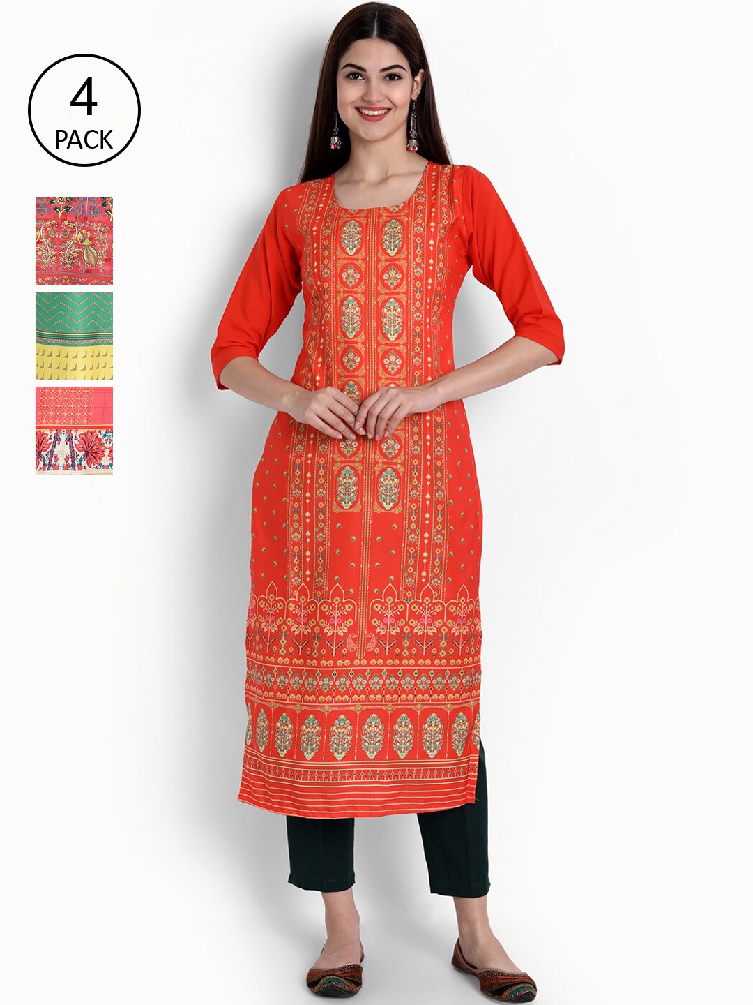 

Ethnic basket Women Pack Of 4 Digital Printed Crepe Kurta, Green