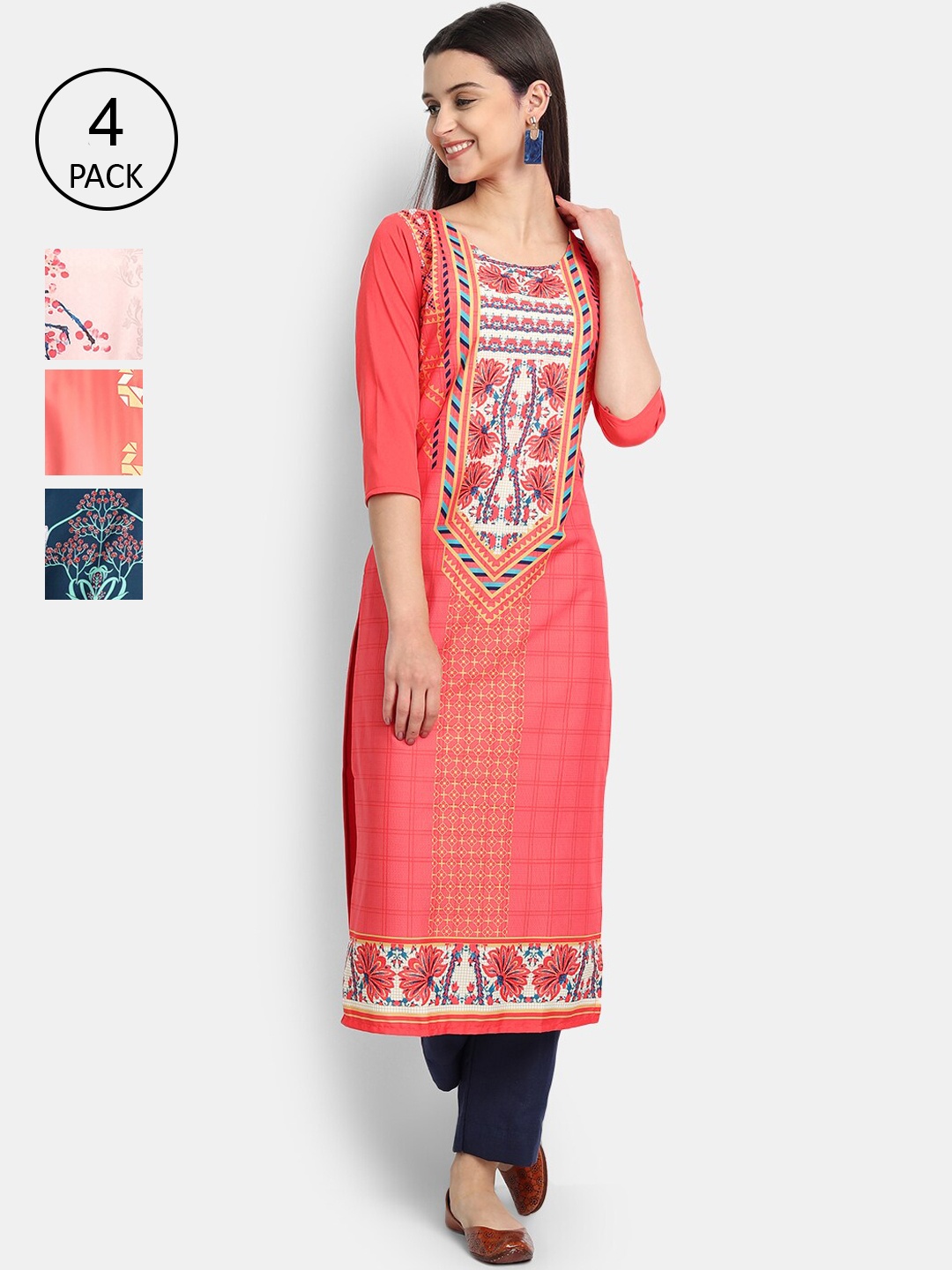 

Ethnic basket Women Pack Of 4 Straight Kurtas, Peach