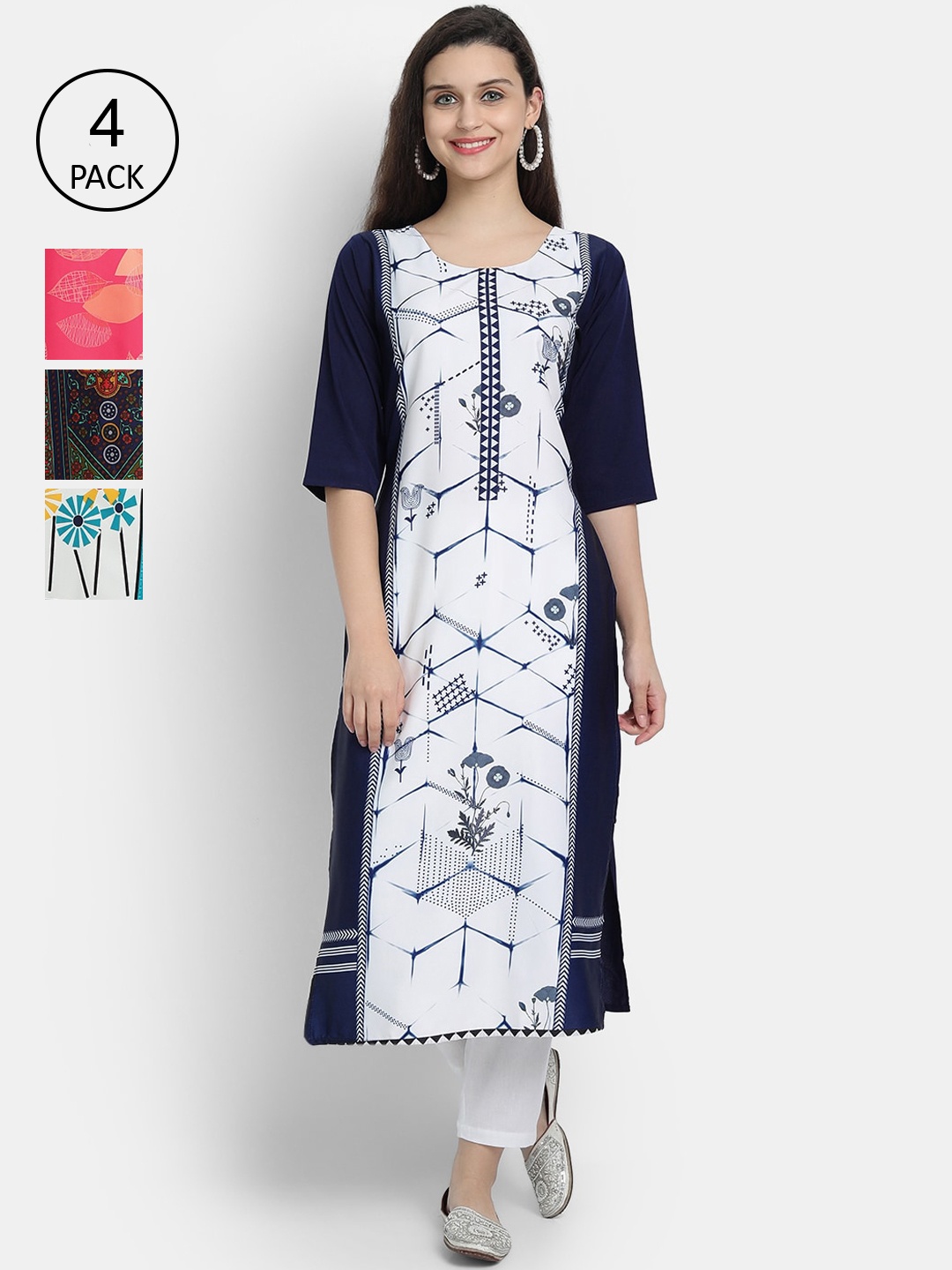

Ethnic basket Women Multicoloured Set of 4 Ethnic Motifs Printed Crepe Kurta, Multi