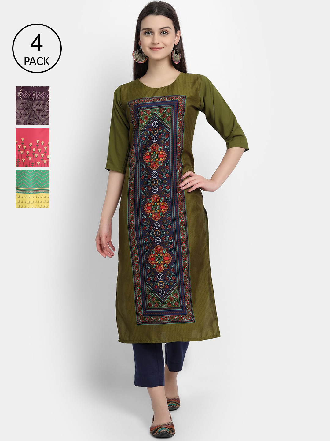 

Ethnic basket Pack of 4 Women Multicoloured Ethnic Motifs Printed Crepe Kurta, Multi