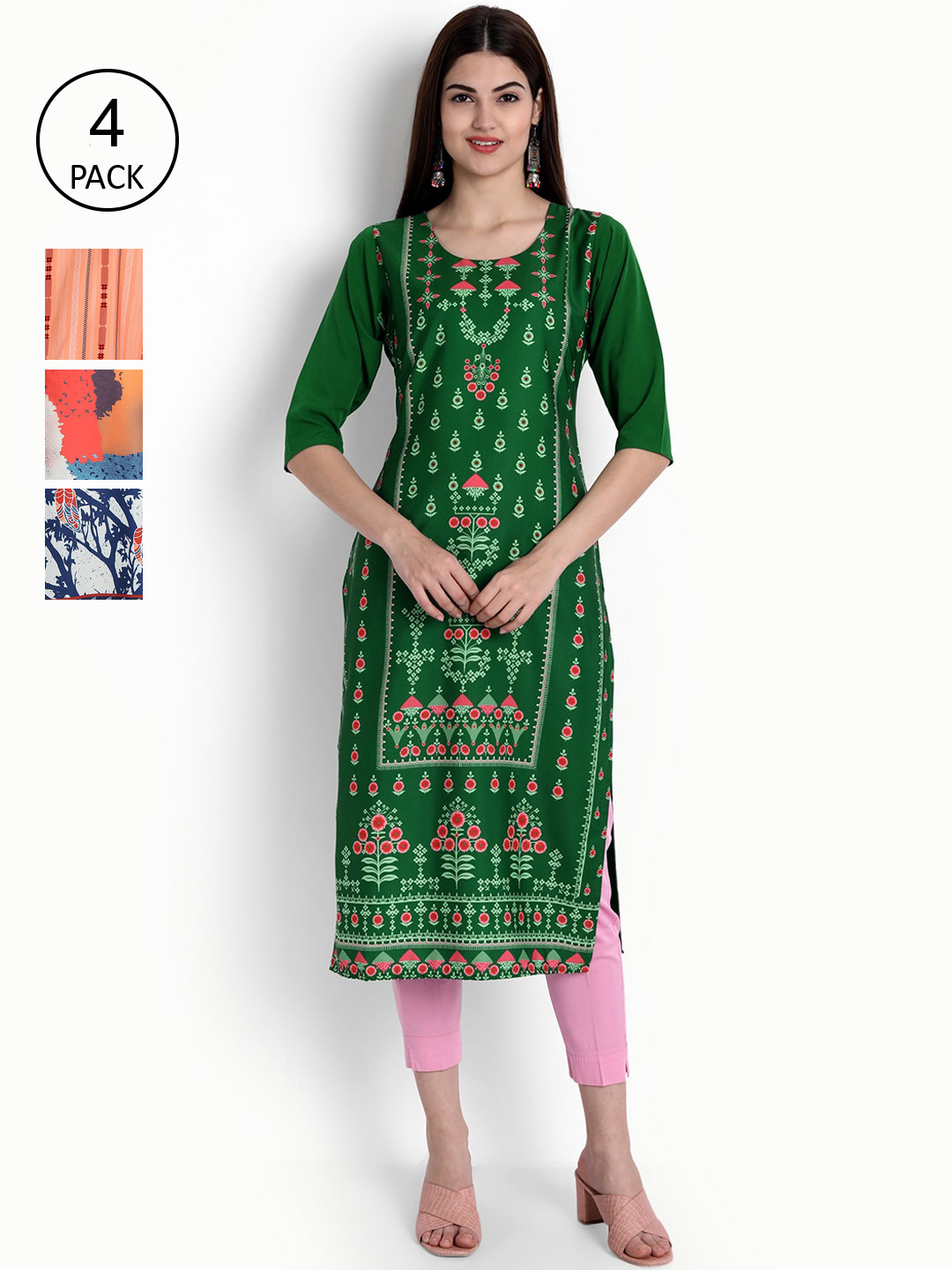 

Ethnic basket Women Pack Of 4 Multicoloured Ethnic Motifs Printed Crepe Kurta, Multi