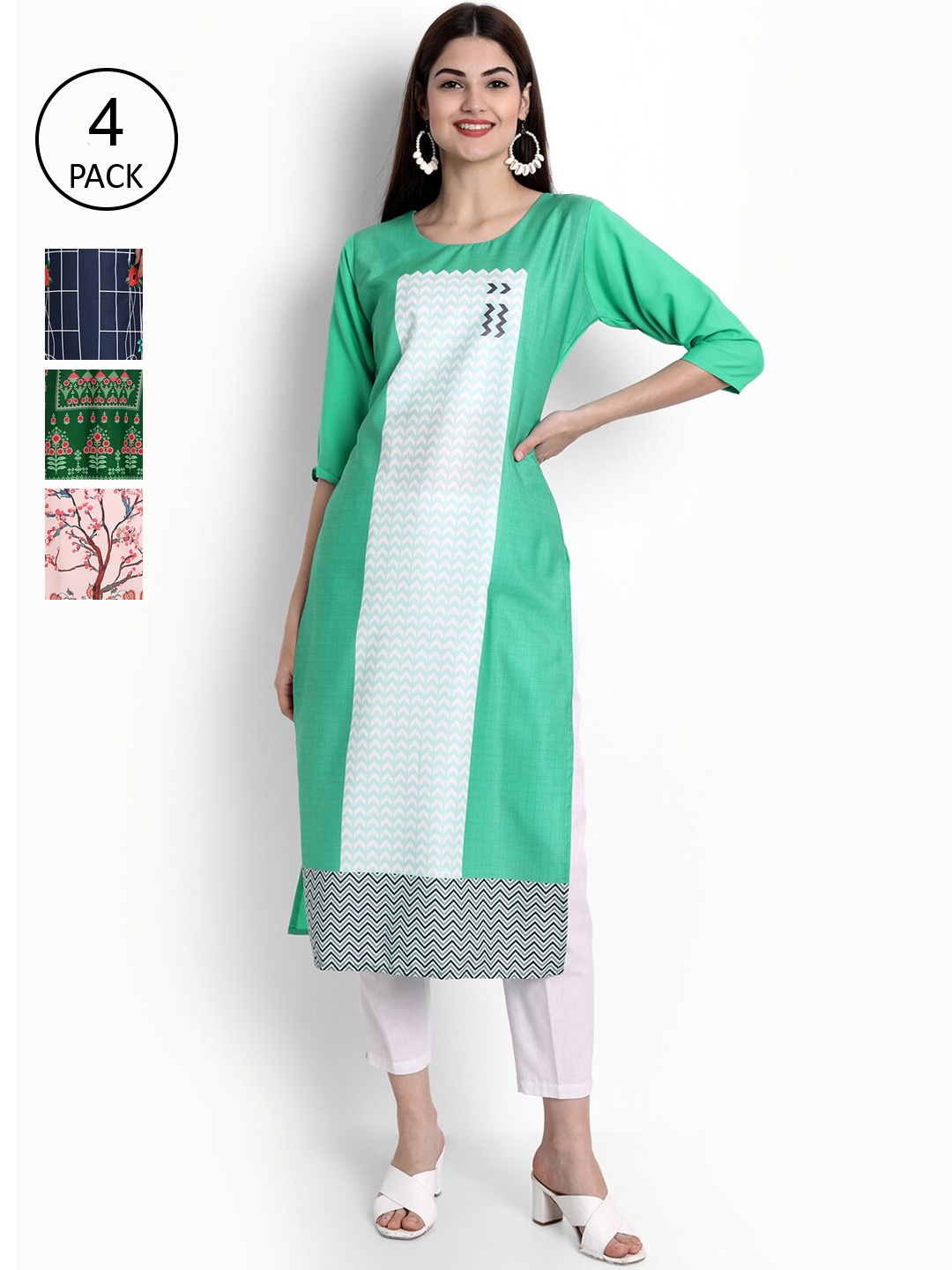 

Ethnic Basket Women Pack Of 4 Digital Print Straight Kurtas, Multi
