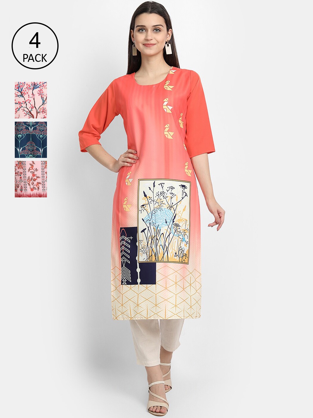 

Ethnic basket Women Red & Teal Pack Of 4 Floral Printed Kurta