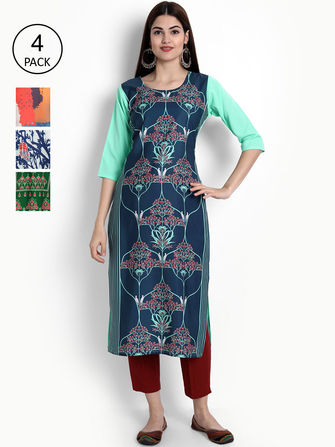 

Ethnic basket Women Pack Of 4 Multicoloured Ethnic Motifs Printed Crepe Kurta, Multi