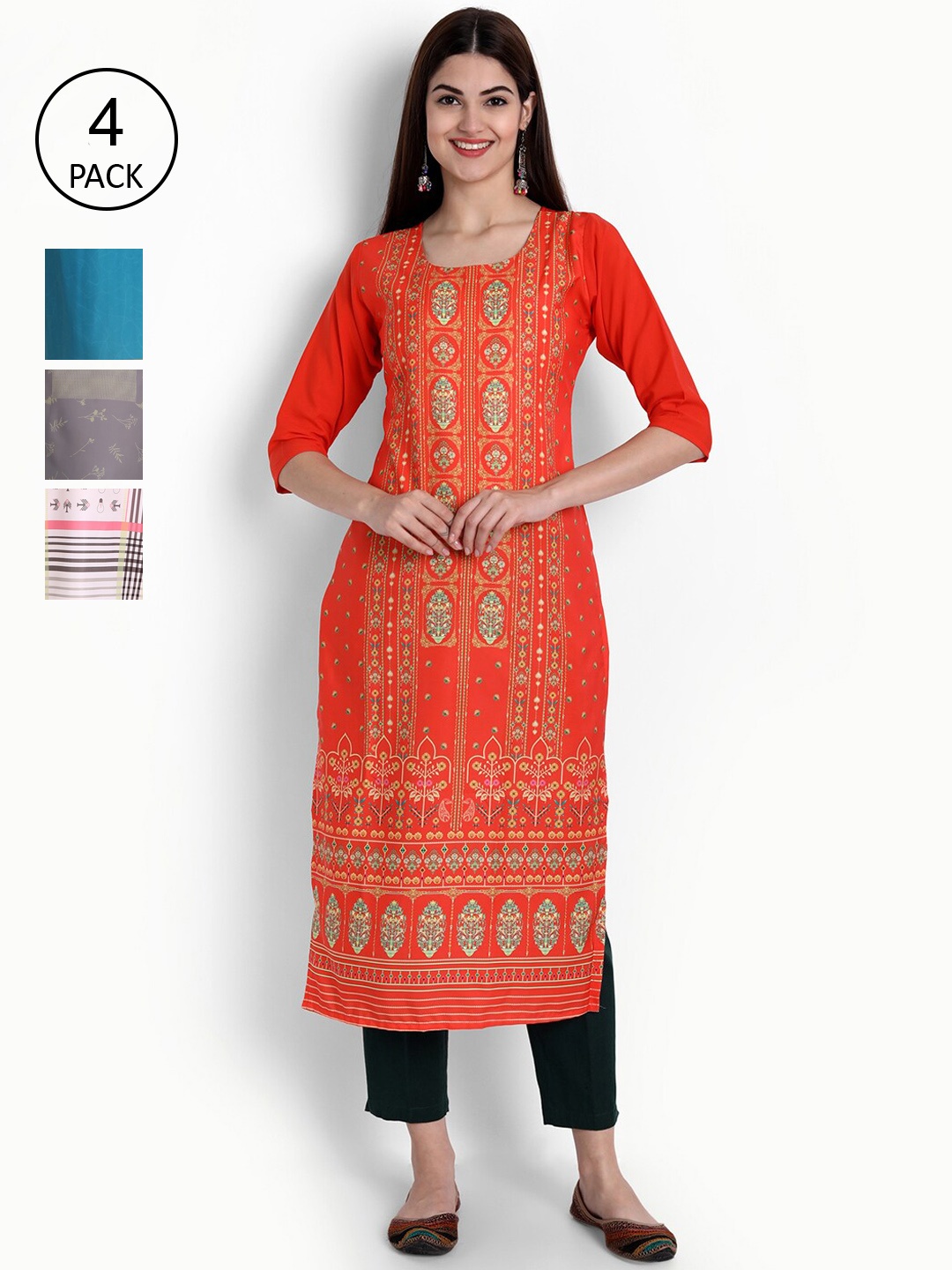 

Ethnic basket Women Pack of 4 Orange & Teal Ethnic Motifs Printed Crepe Kurtas