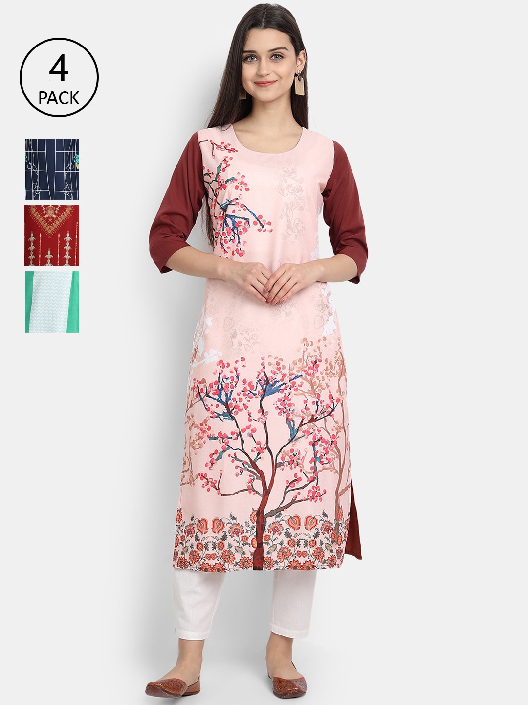 

Ethnic basket Pack Of 4 Floral Printed Crepe Kurta, Maroon