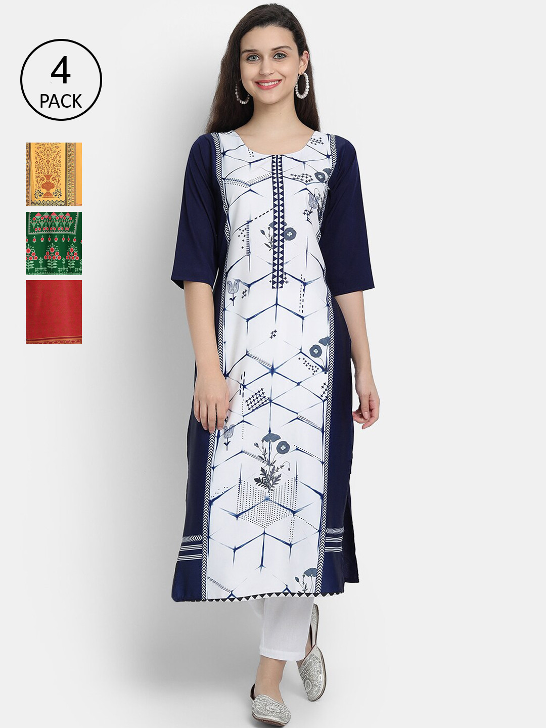 

Ethnic basket Women Pack Of 4 Multicoloured Ethnic Motifs Printed Crepe Kurta, Multi