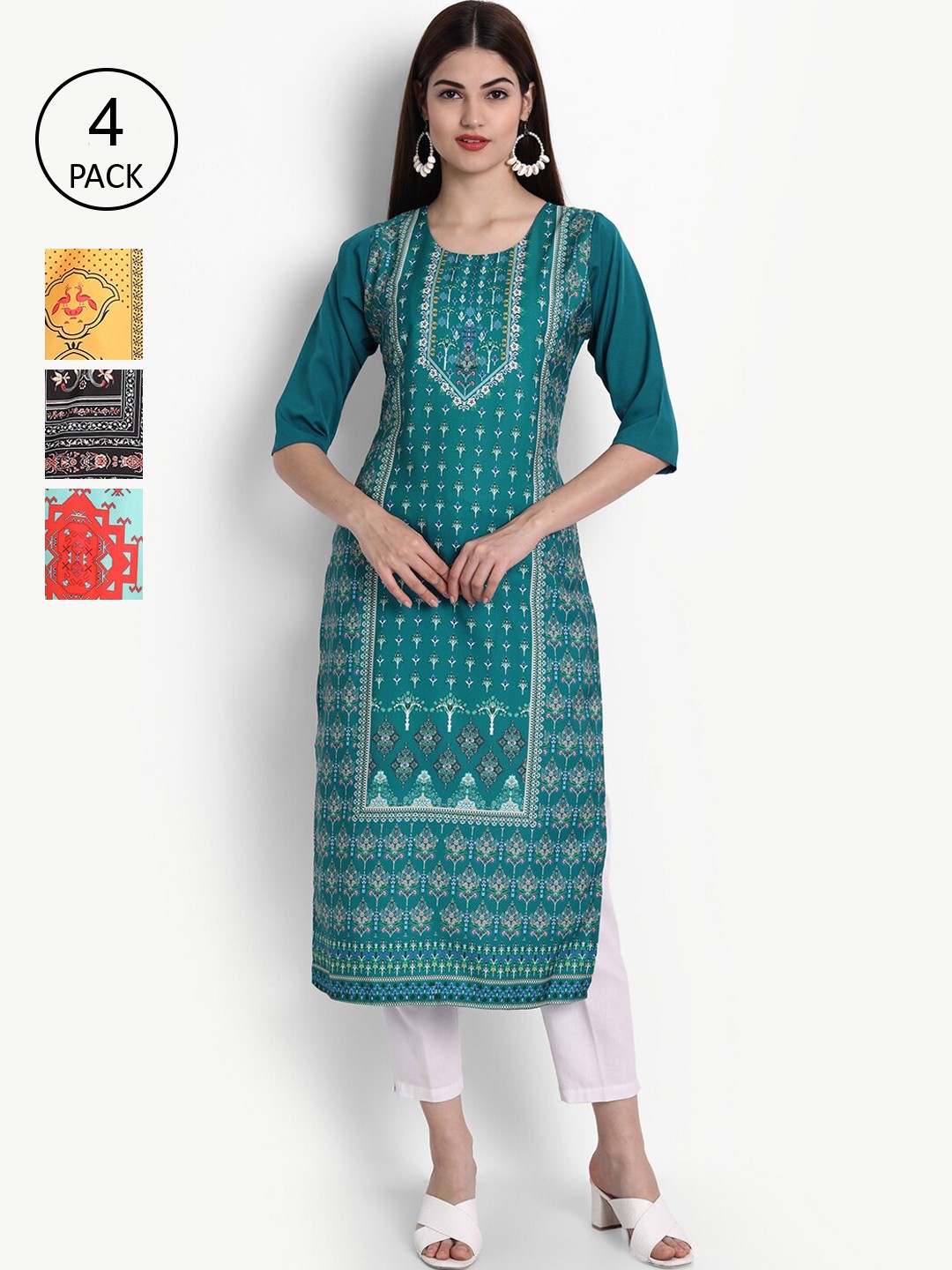 

Ethnic basket Pack Of 4 Ethnic Motifs Printed Crepe Kurta, Teal
