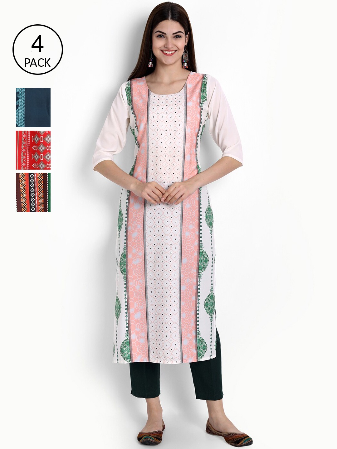 

Ethnic basket Women White & Red Ethnic Motifs Printed Crepe Kurta Pack Of 4