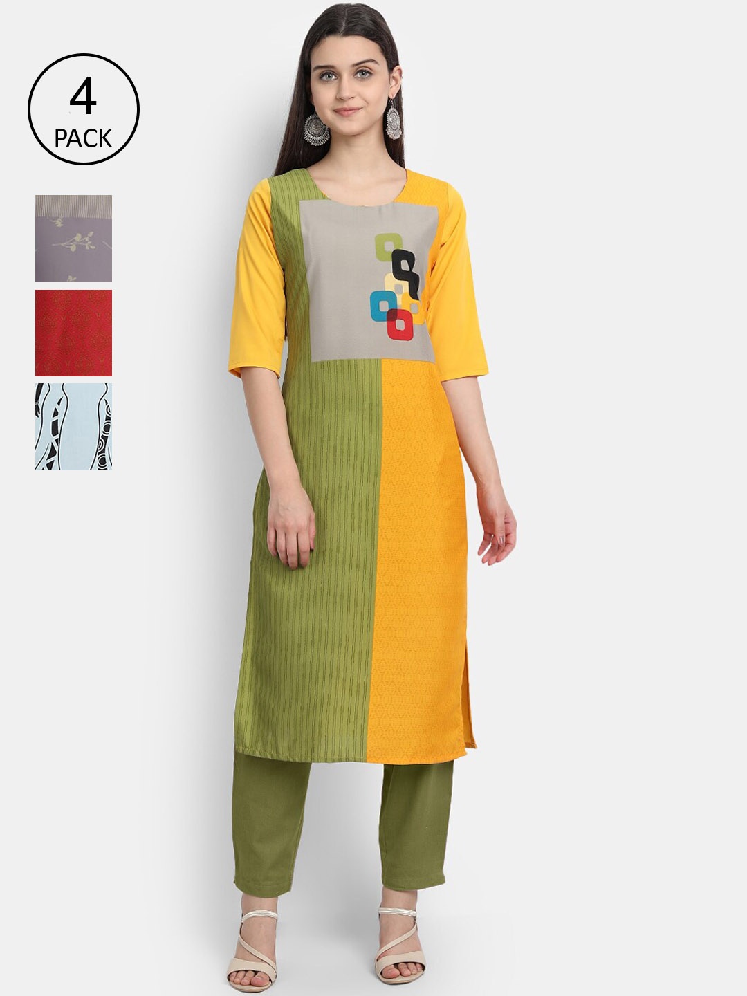 

Ethnic basket Women Yellow & Grey Colourblocked Crepe Kurta Pack Of 4