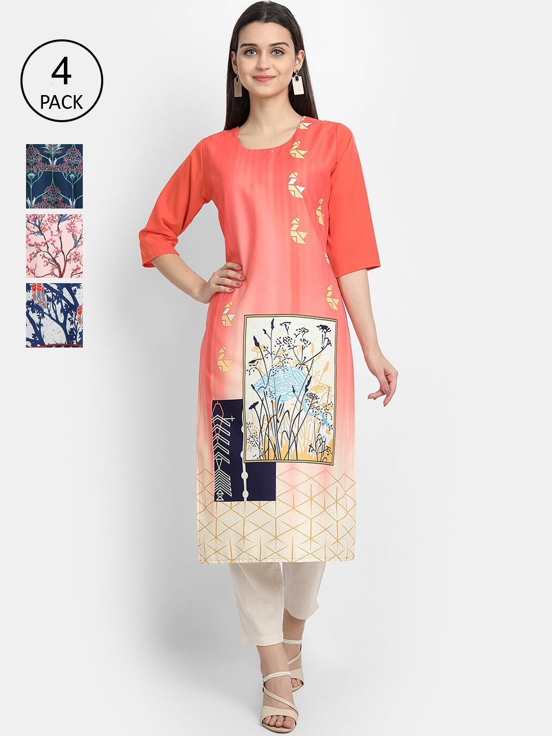 

Ethnic basket Women Pack Of 4 Straight Kurtas, Peach