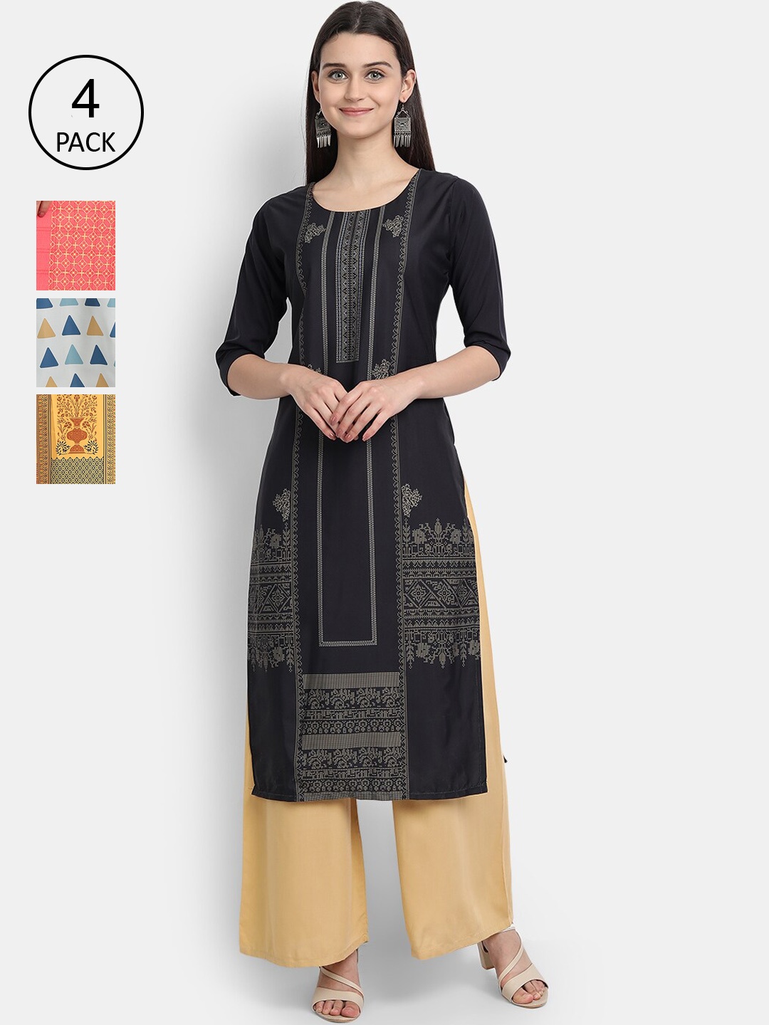 

Ethnic basket Women Pack of 4 Multicoloured Ethnic Motifs Printed Crepe Kurta, Multi