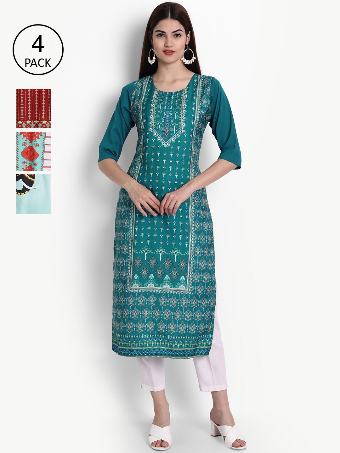 

Ethnic basket Women Green & Maroon Printed Crepe Kurta Pack Of 4