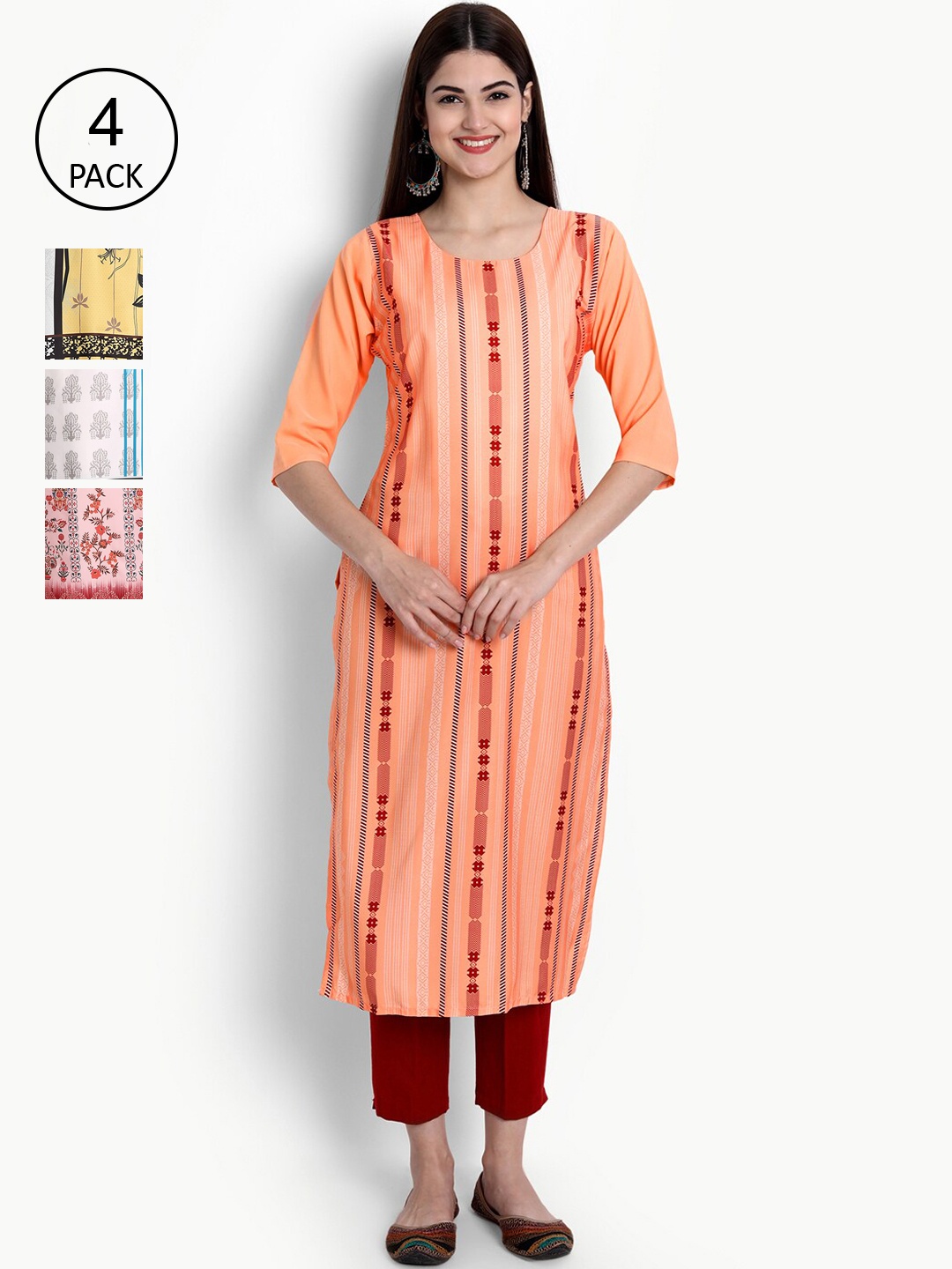 

Ethnic basket Women Pack Of 4 Straight Kurtas, Peach