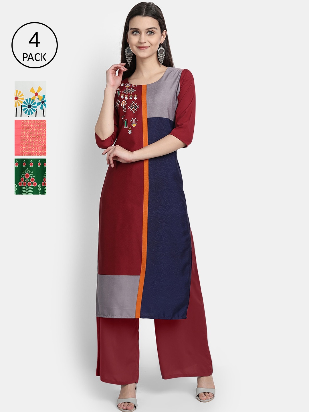 Ethnic basket Women Pack of 4 Ethnic Motifs Printed Crepe Kurta, Red