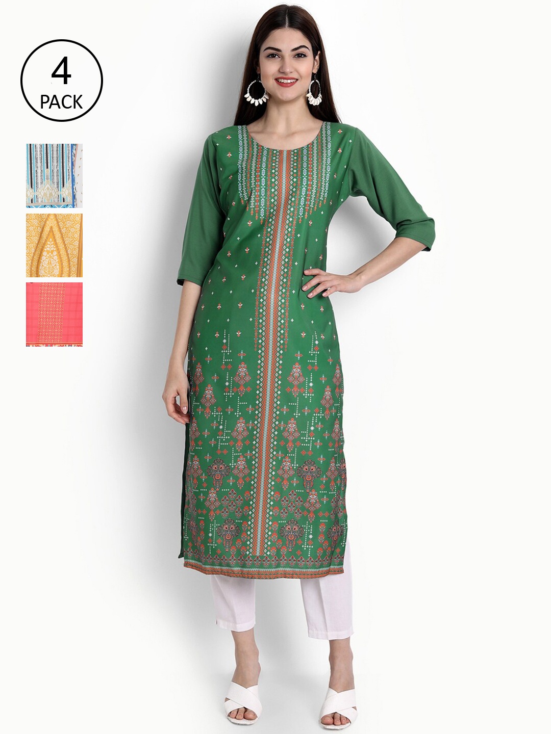 

Ethnic basket Women Pack of 4 Multicoloured Ethnic Motifs Crepe Kurta, Multi