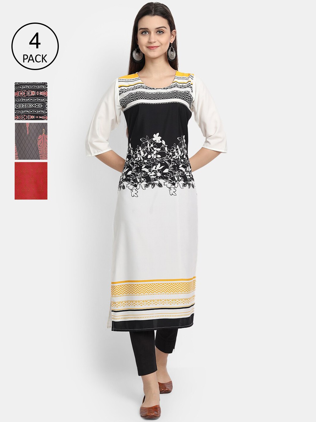 

Ethnic basket Women Pack of 4 Multicoloured Ethnic Motifs Printed Crepe Kurta, Multi