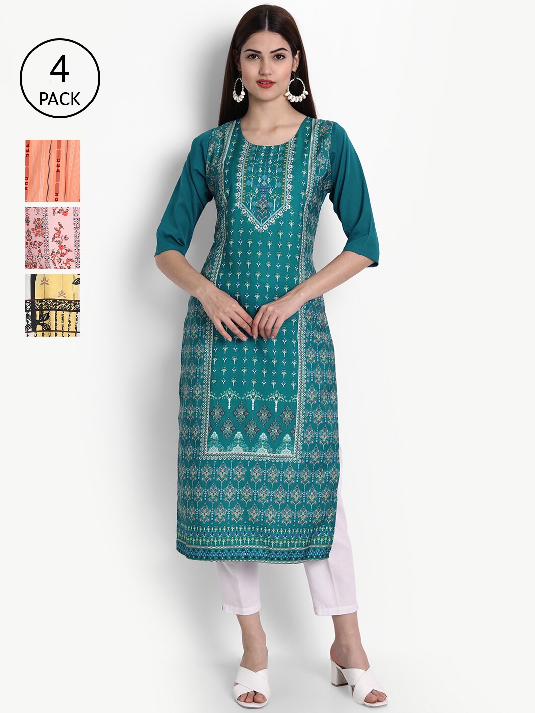 

Ethnic basket Women Multicoloured Printed Thread Work Crepe Kurta, Multi