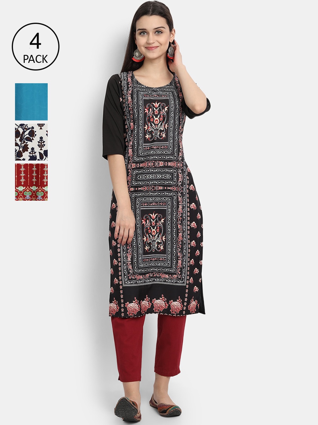 

Ethnic basket Women Pack Of 4 Straight Kurtas, Black