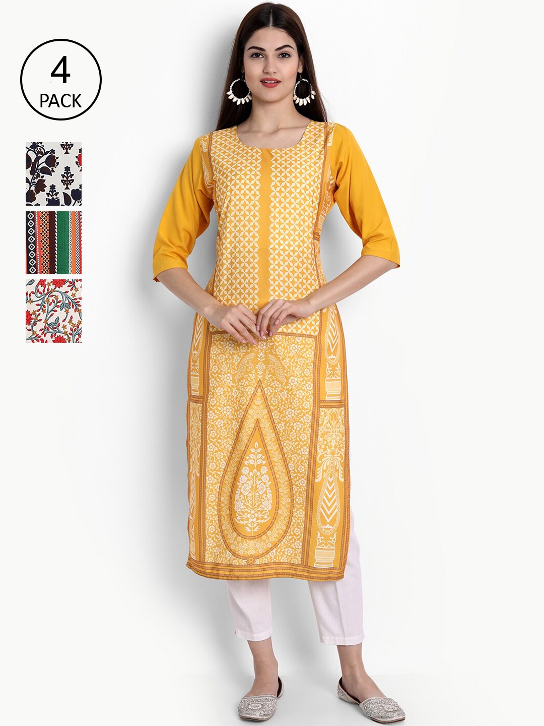 

Ethnic basket Women Pack Of 4 Multicoloured Ethnic Motifs Printed Crepe Kurta, Multi