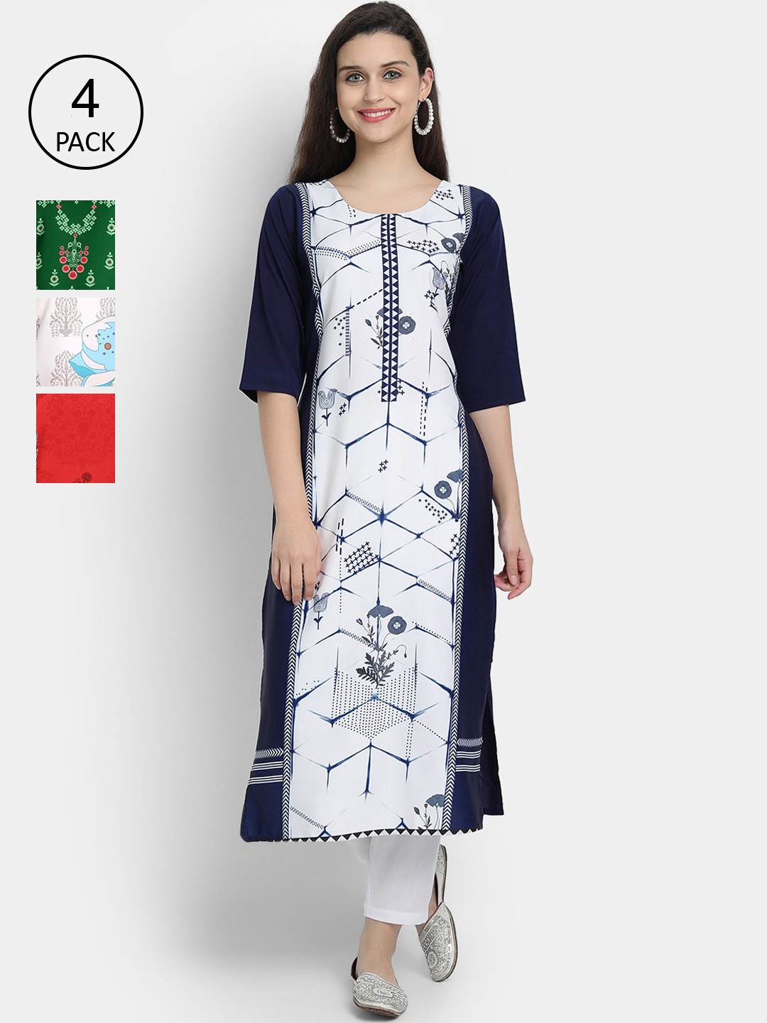 

Ethnic basket Pack Of 4 Ethnic Motifs Printed Crepe Kurta, White