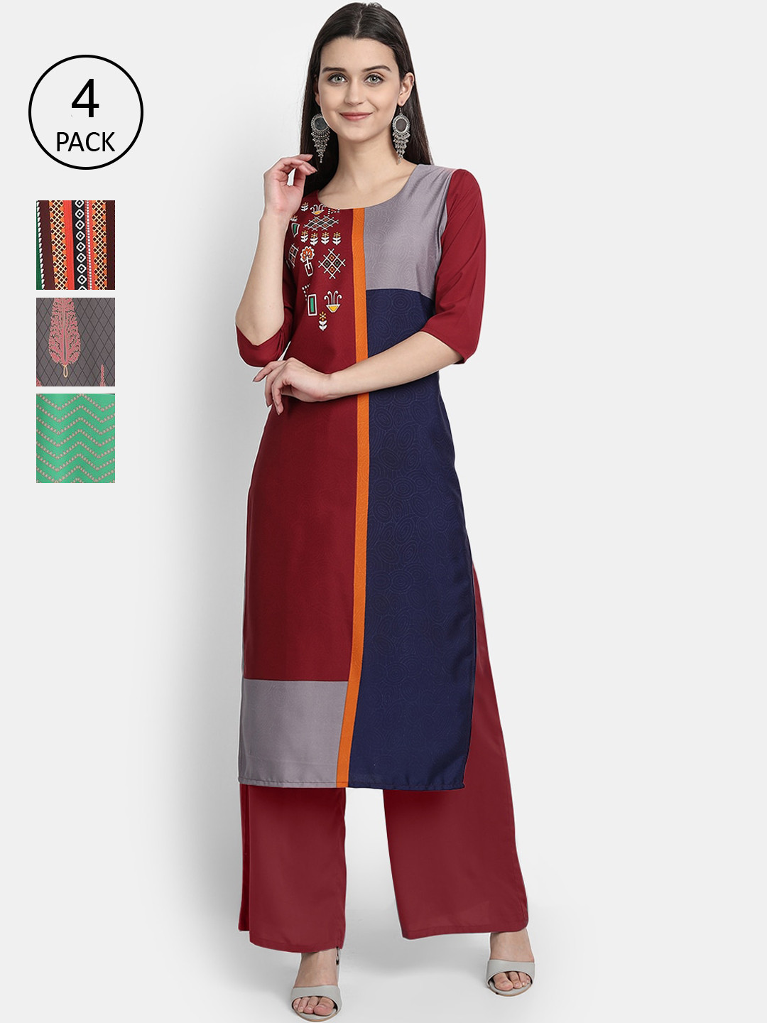 

Ethnic basket Women Pack Of 4 Straight Kurtas, Maroon