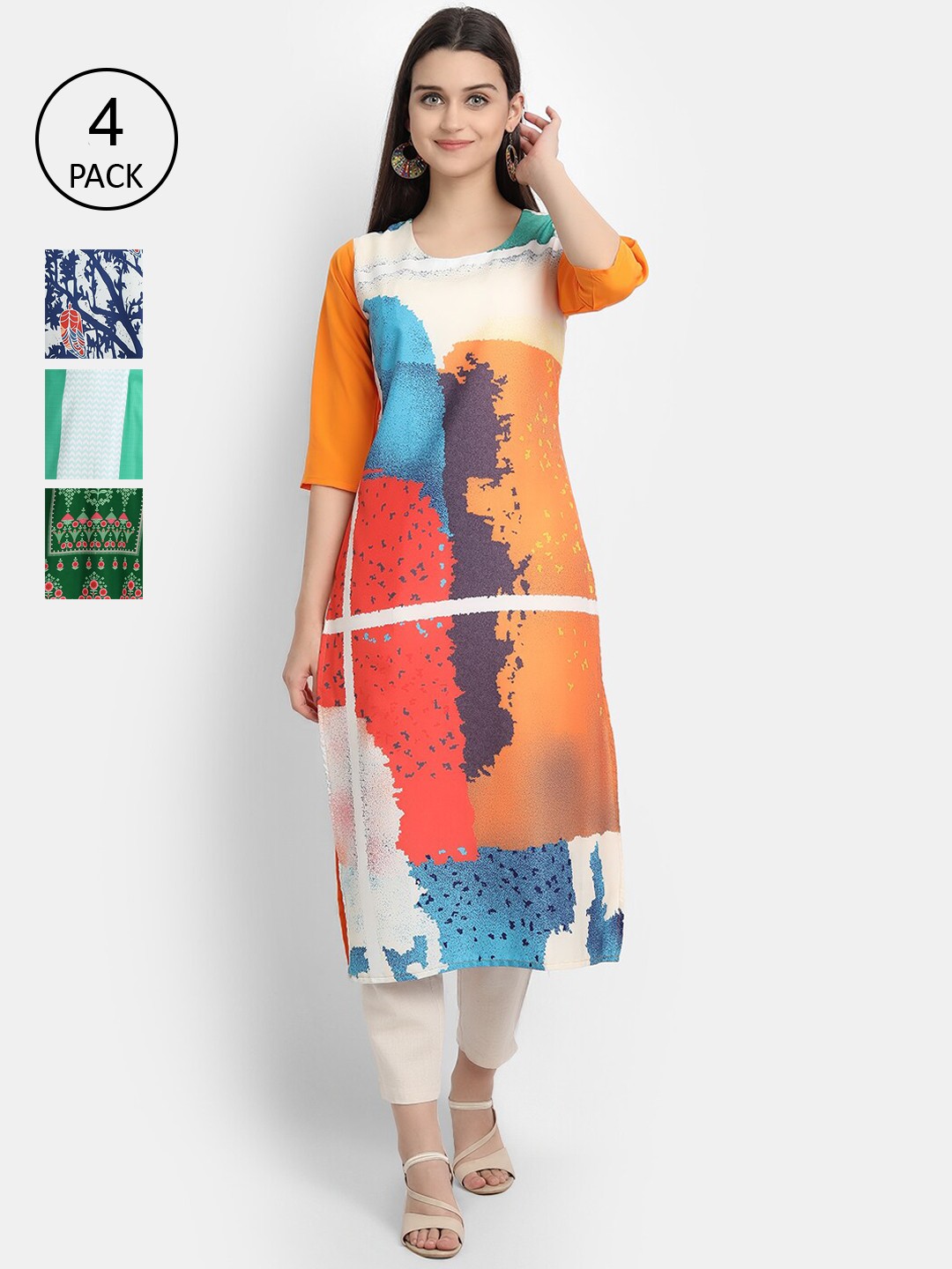 

Ethnic basket Women Orange & Green Floral Printed Crepe Kurta Pack Of 4