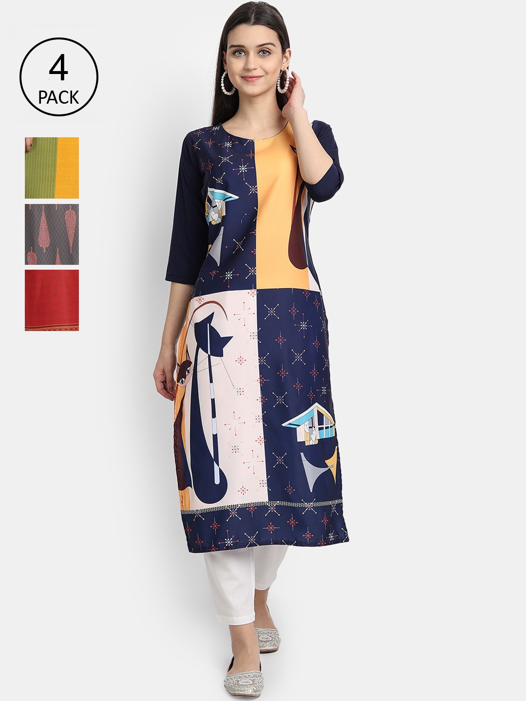 

Ethnic basket Women Navy Blue & Yellow Ethnic Motifs Printed Crepe Kurta Pack Of 4