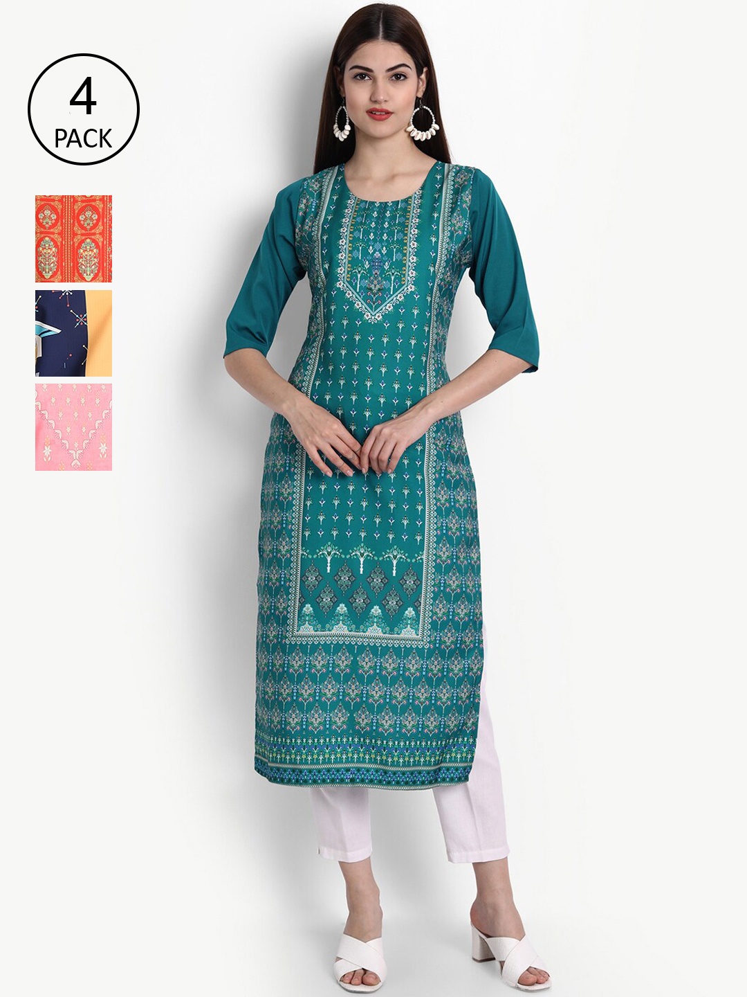 

Ethnic basket Women Multicoloured Pack Of 4 Ethnic Motifs Printed Kurta, Multi