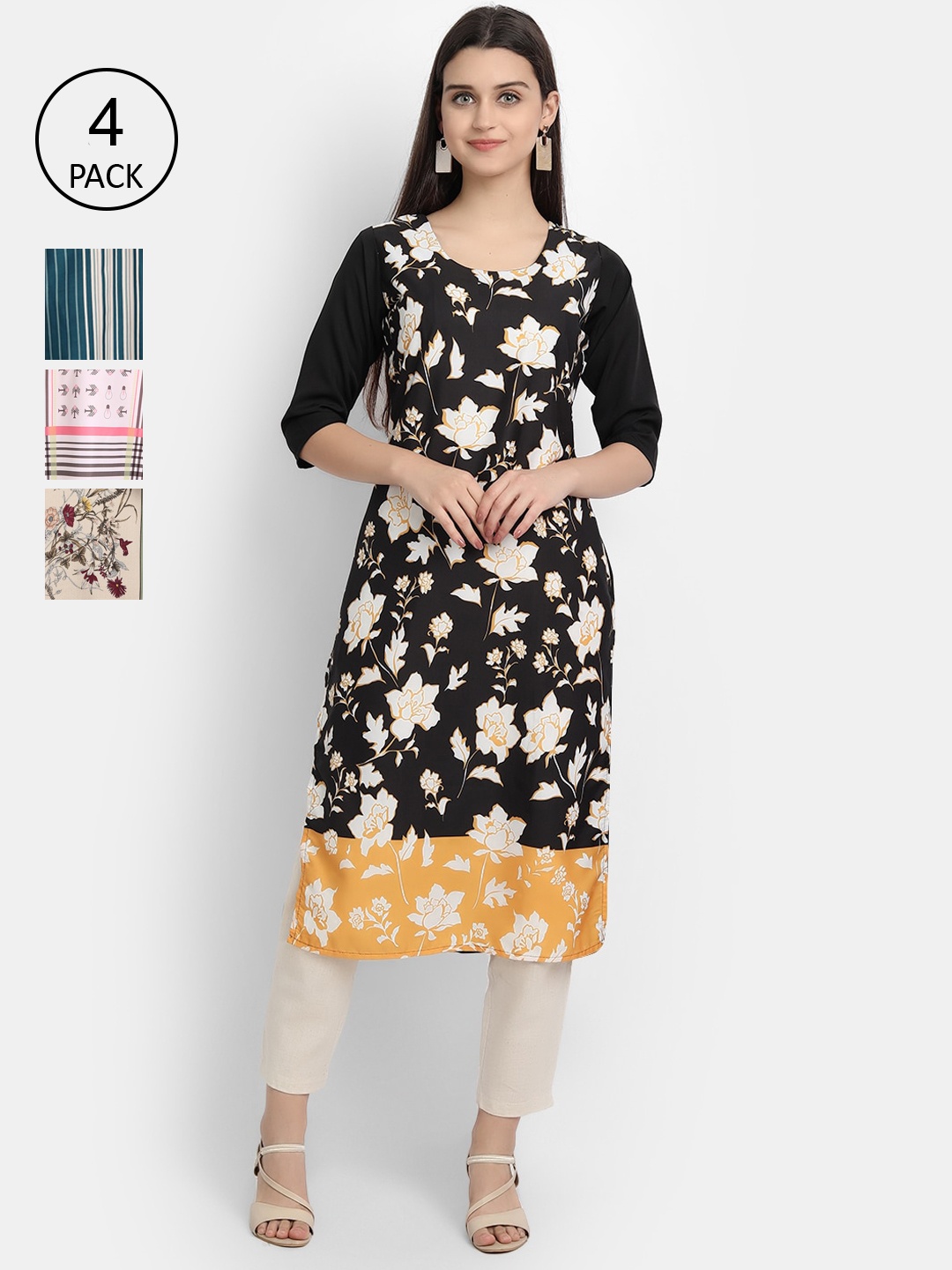 

Ethnic basket Women Black & White Floral Printed Crepe Kurta Pack Of 4
