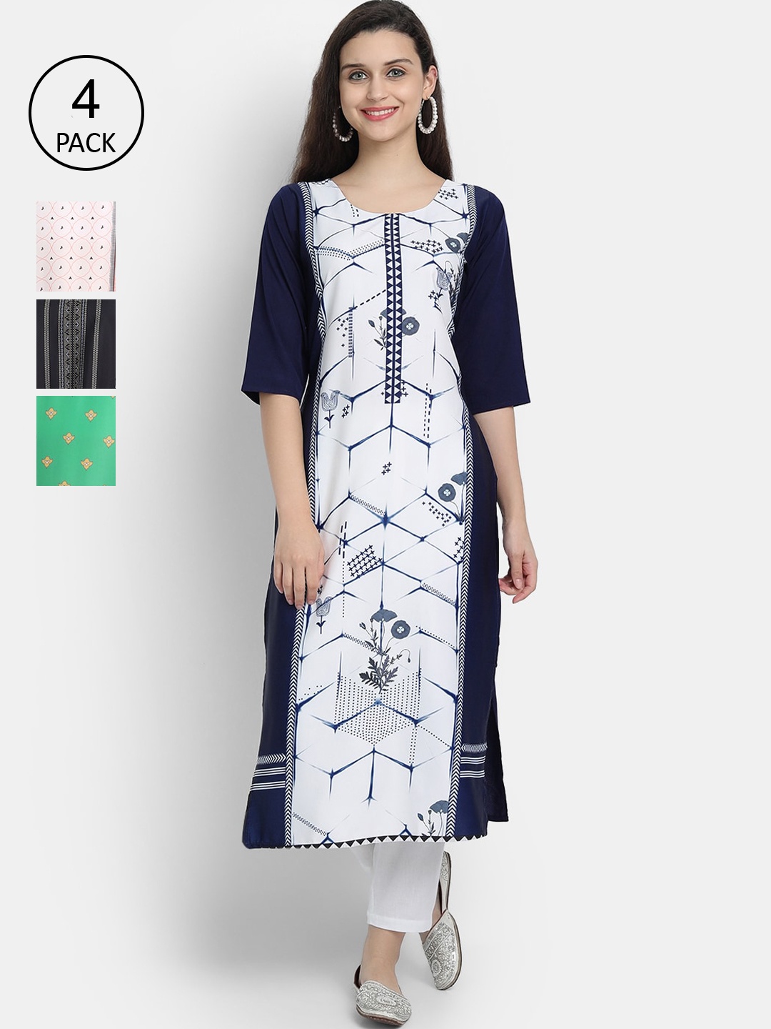 

Ethnic basket Women Pack Of 4 Digital Printed Crepe Kurta, White