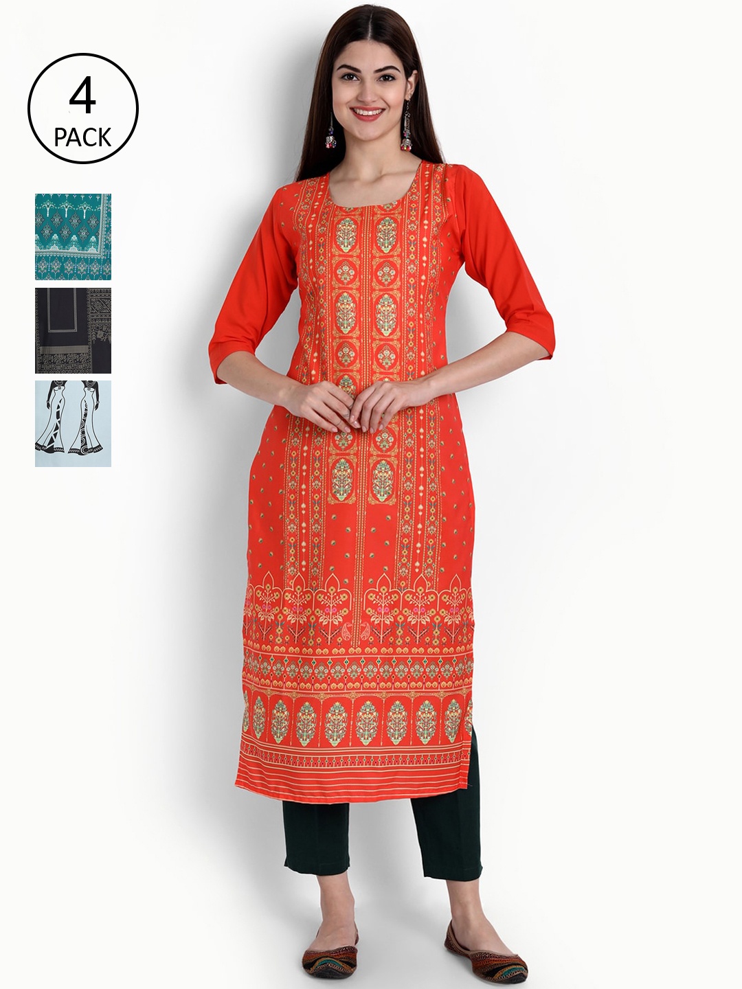 

Ethnic basket Women Pack of 4 Multicoloured Ethnic Motifs Printed Crepe Kurta, Multi